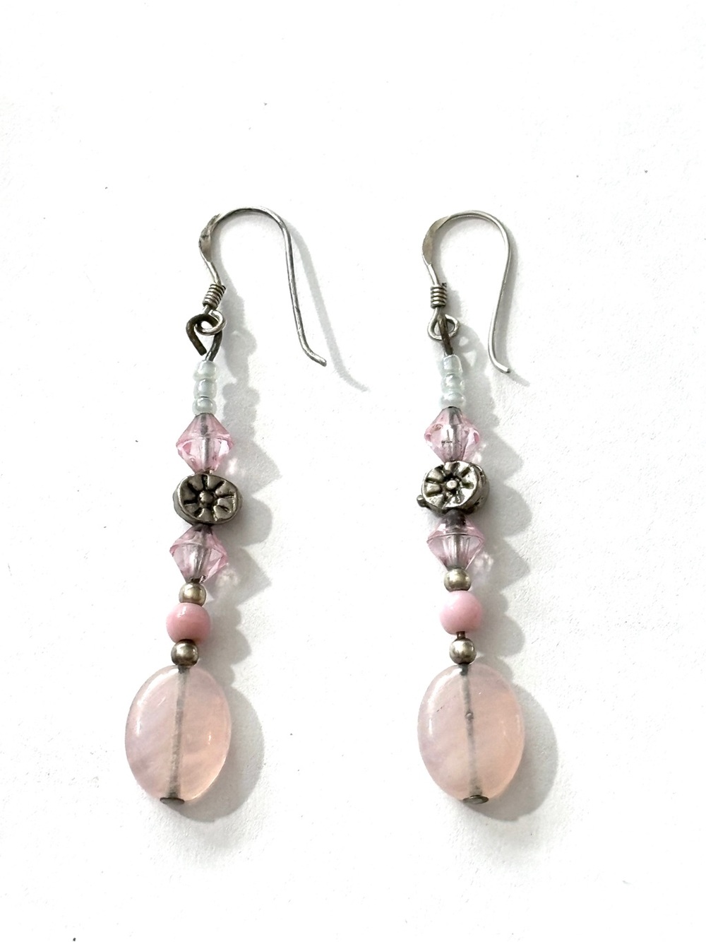 Sterling Silver Rose Quartz Pink Crystal Floral Beaded Dangle Earrings Boho